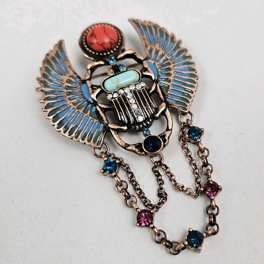 Scarab Pin Brooch Pendant Egyptian Revival Copper Turquoise Statement